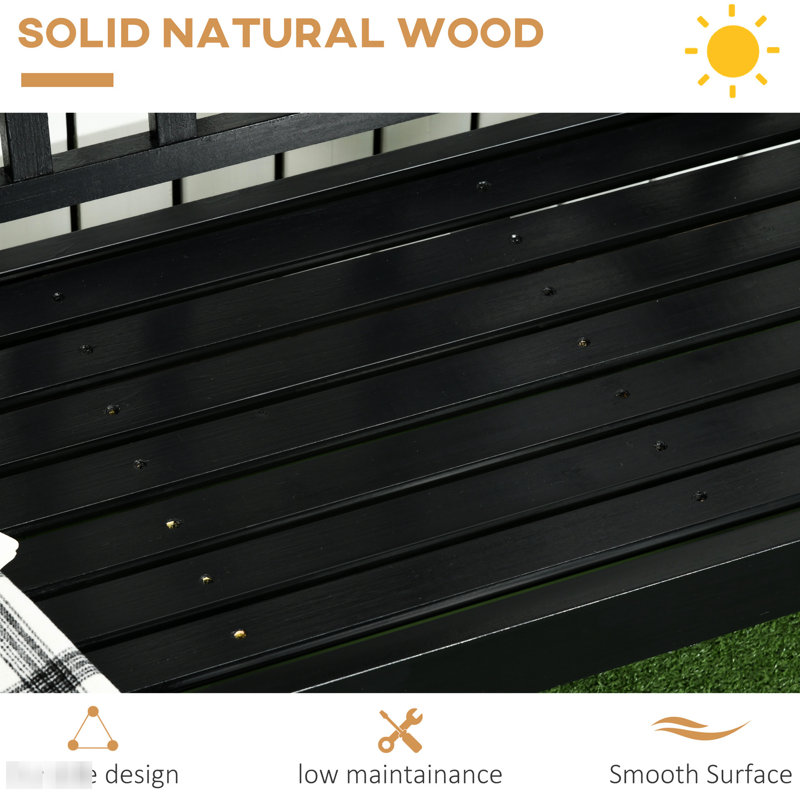 Banc de patio noir rustique, en bois avec et, à motif de losanges campagnards pour 3 personnes