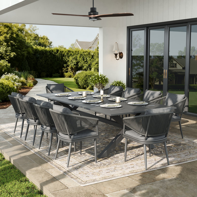 Rectangular Outdoor Dining Set With Cushions, 10, Dark Grey Cushion/Dark Grey Frame