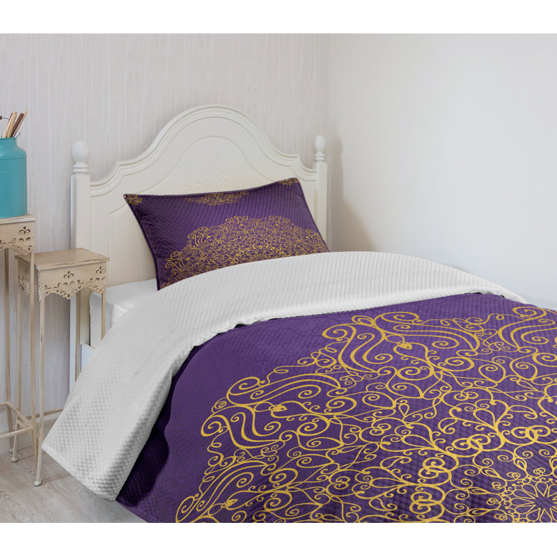 Twin Quilted Bedspread Set with Ornate Purple and Gold Motif