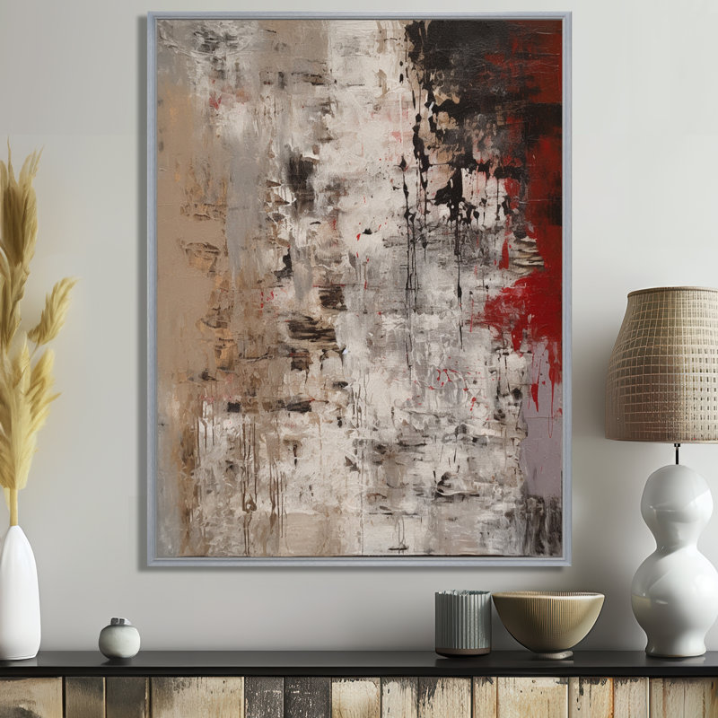 Fading Passion, abstrait en rétro beige et rouge I - art mural abstrait, 20" H x 12" W, Cadre argenté flottant