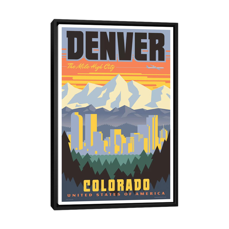 Affiche de voyage Denver par Jim Zahniser-reproduction d’art, Pas de tapis, H 26 po x l 18 po x 1,5 po, Toile avec cadre noir