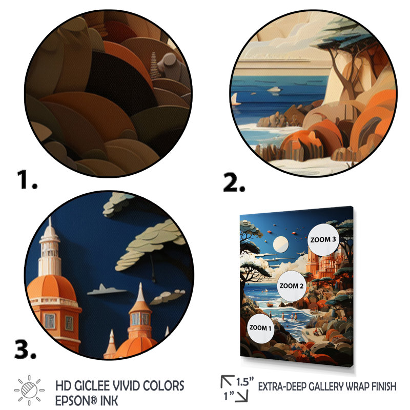 «Coastal Seaside Adventure Papercut I», reproduction sur toile, Cadre photo noir, H 20 po x l 12 po x P 1 po