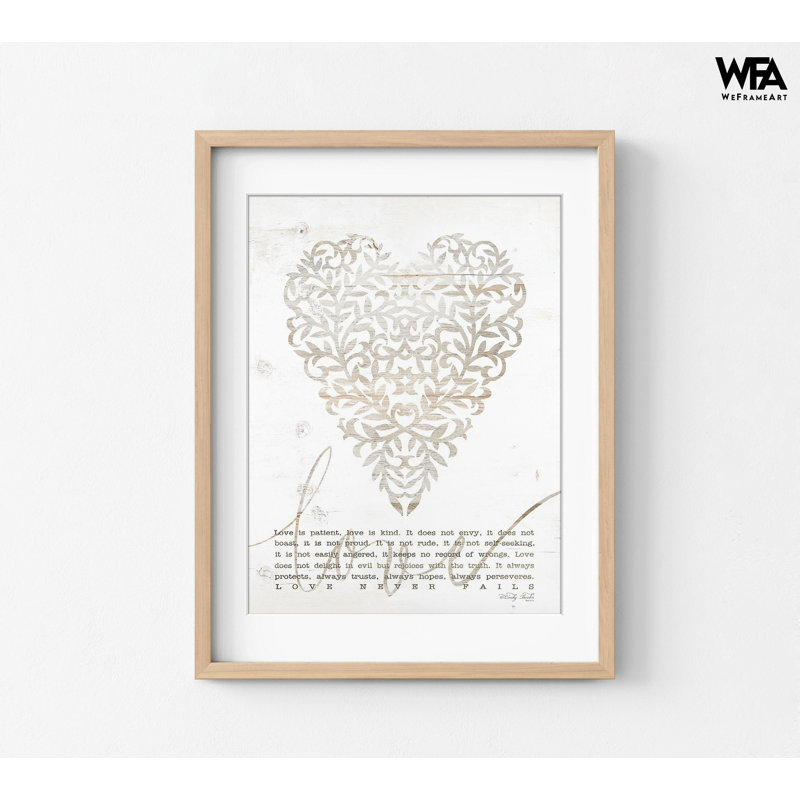 «Love Never Fails With Heart» par Cindy Jacobs, 1 Corinthiens 13: 4-8, reproduction d'affiche, verset biblique encadré, premier cadeau d'anniversaire