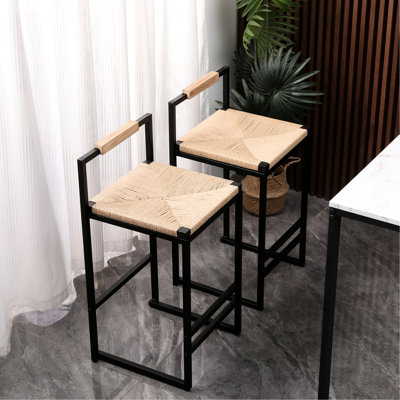 2 Stylish Living Room Bar Stools, Paper Rope Seat, Metal Frame, Slip Screws, Max 220Lbs Capacity, Easy To Put Together Woven Stools   Of 2 , Comfortable Ideal For Kitchen, Home, Weight