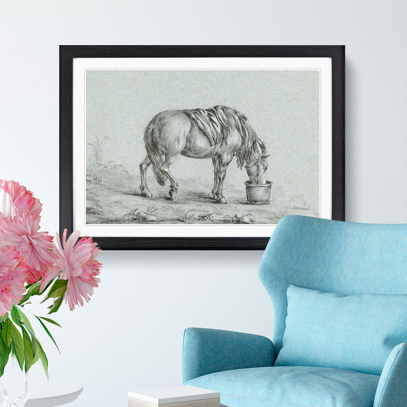 A Drinking Horse by Jean Bernard - Single Picture Frame Print, 45cm H x 63cm W x 2cm D, Black Framed