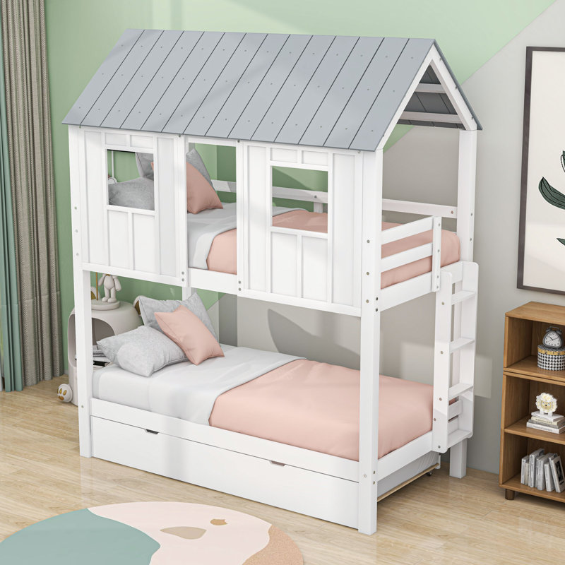 Drumsough Kids Twin Over Twin Bunk Bed with Trundle