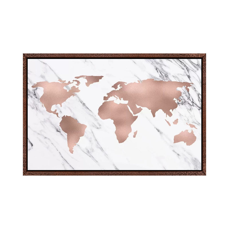 World Map In Rose Gold by Nature Magick - Print on Canvas, Classic Brown Wood Framed, 66.04 cm H x 45.72 cm W