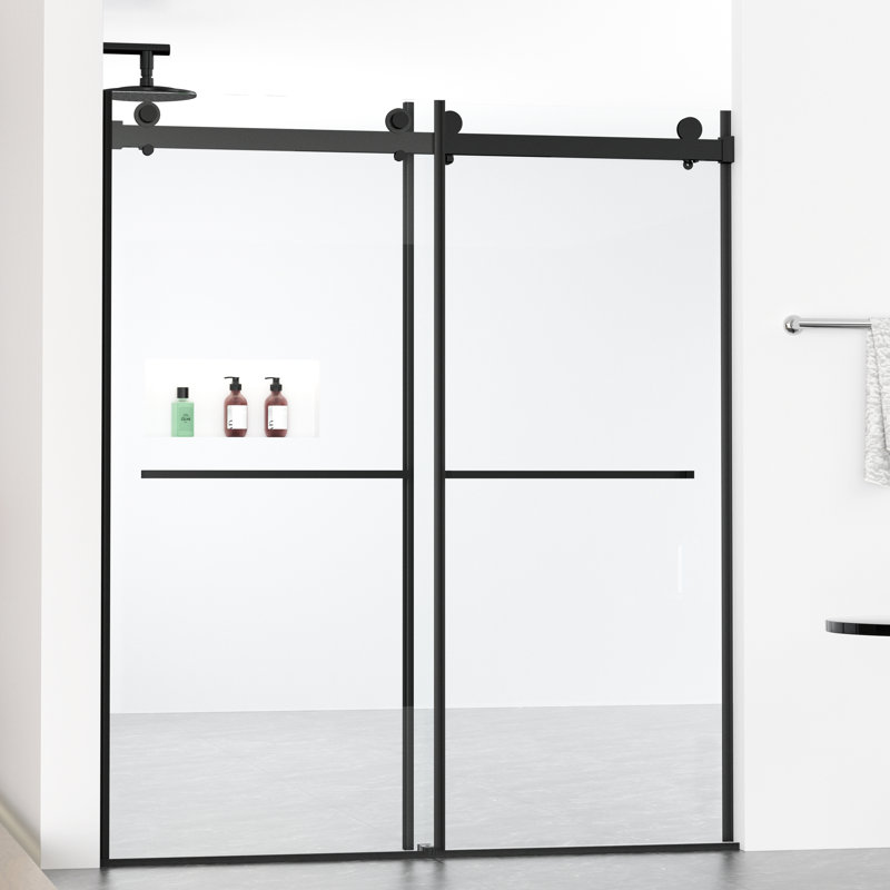 Double porte de douche coulissante de l 56 à 60 po, H 70 po, verre trempé de 5/16 po (8 mm), facile à nettoyer, fini noir mat, tampon, fermeture douce, rail supérieur sécuritaire, poignée de porte de salle de bain, rouleau en acier inoxydable, eau