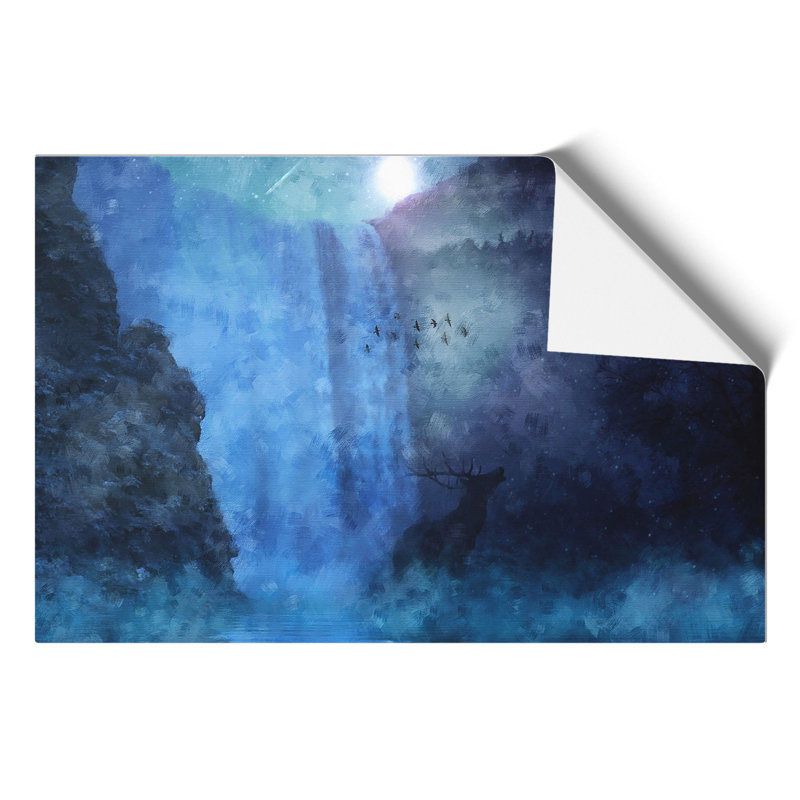 Waterfall with Stag Painting - Frameless Print, 21cm H x 30cm W x 0.1cm D