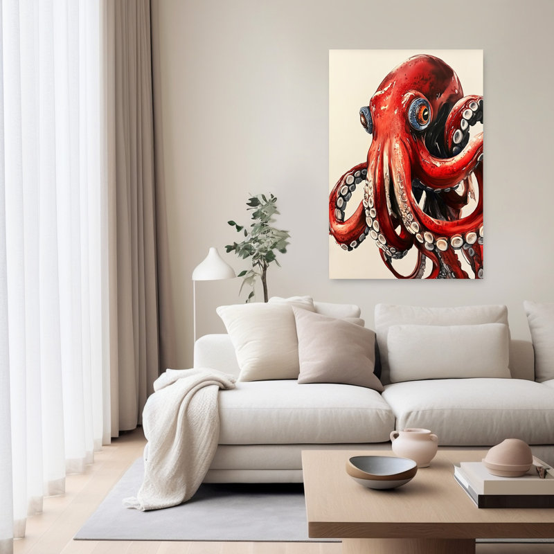 «Vibrant Red Octopus Octopus Beach», art mural, H 60 po x l 40 po