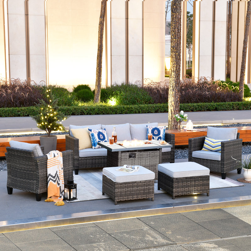 Allcot Rattan Sectional Seating Group with Cushions, Light Gray
