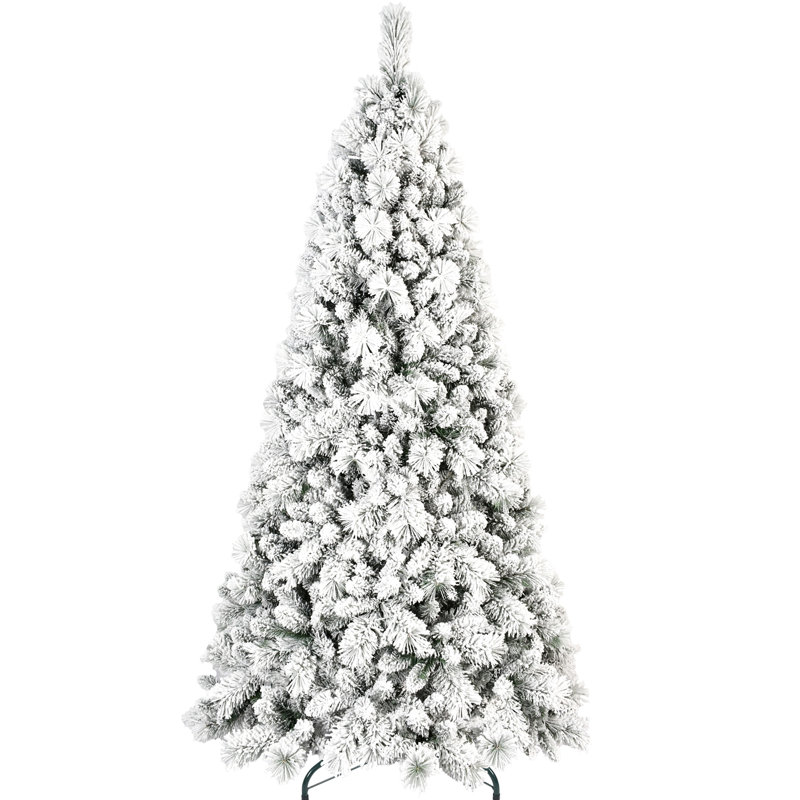 Arbre de Noël de 7 pi avec 1060 branches floquées et à aiguilles dures, système de charnières à connexion rapide, support fiable, idéal pour les espaces festifs saisonniers recouverts de neige, avec une structure rapide