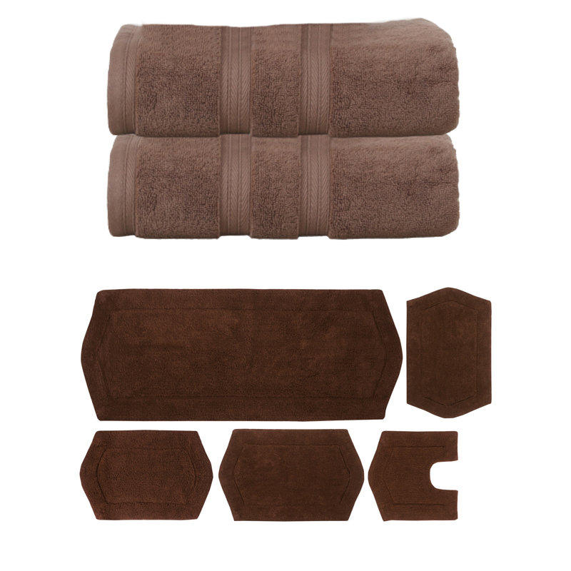 Bryd Collection 100% Soft Cotton 2 Pc Bath Towel Set & 5 Pc Bath Rug Set, (Set of 7), Chocolate