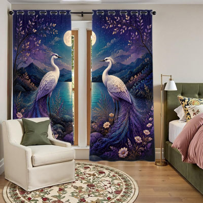 2PCS Grommet Top Blackout Window Curtains, Majestic White Crane Moonlit Lake Printed Polyester Drapes, Thermal Insulated, Noise Reducing, Privacy Protection, Room Darkening Window Treatments for Bedroom Living Indoor Home Decor
