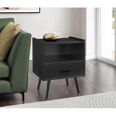 Table d'appoint, table d'appoint, bout, tiroir de rangement, table de chevet, chambre à coucher, salon, stratifié noir, contemporain, moderne