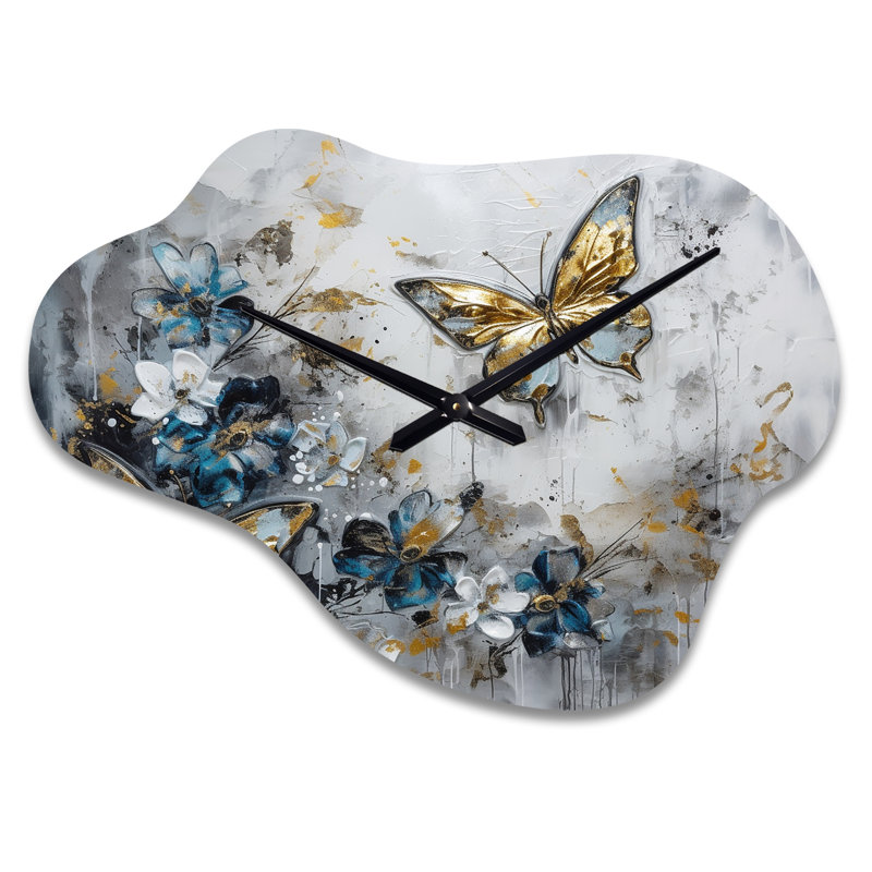 Horloge murale Santoro papillon doré bleu avec ailes et fleurs III, Petit
