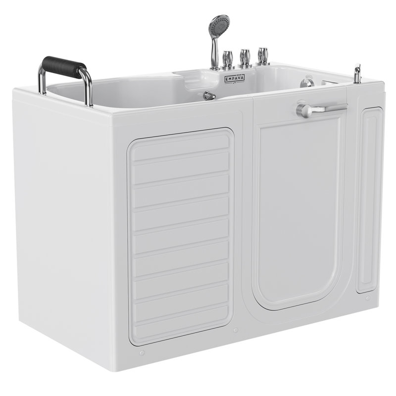 Empava White Acrylic Walk-In Soaking Bathtub with Handrails