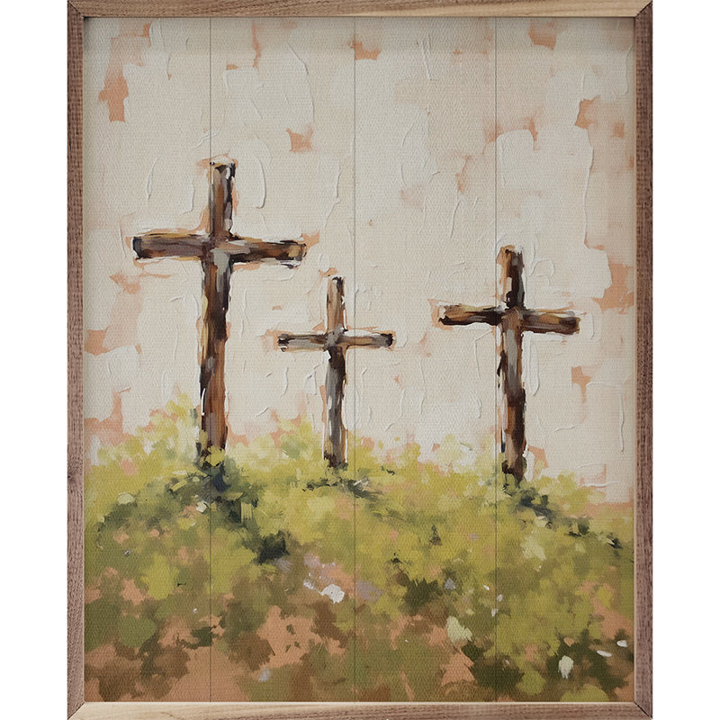 Trois croix sur une pelouse, H 20 po x l 16 po