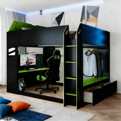 Modern Full Gaming Loft Bed With Lighted Desk, Storage Cabinet, Drawers And Clothing Rod
