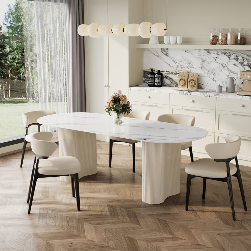 71" Modern Luxury Faux Marble 4- 6 People Oval Dining Table, Double Roman Column White Legs Modern Minimalist Kitchen Table for Living Room Dining Room