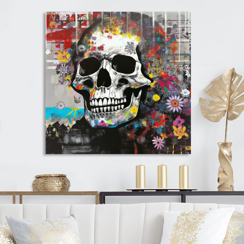Graffitied Skull I - Abstract Metal Wall Art Living Room, 16" H x 16" W x 1" D