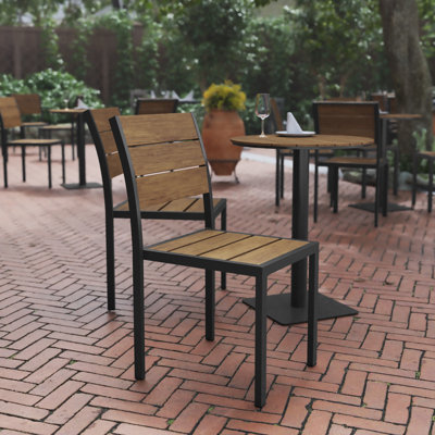 Commercial Grade Armless Stackable Patio Side Chair with Faux Teak Poly Slats and Metal Frame by 17 Stories