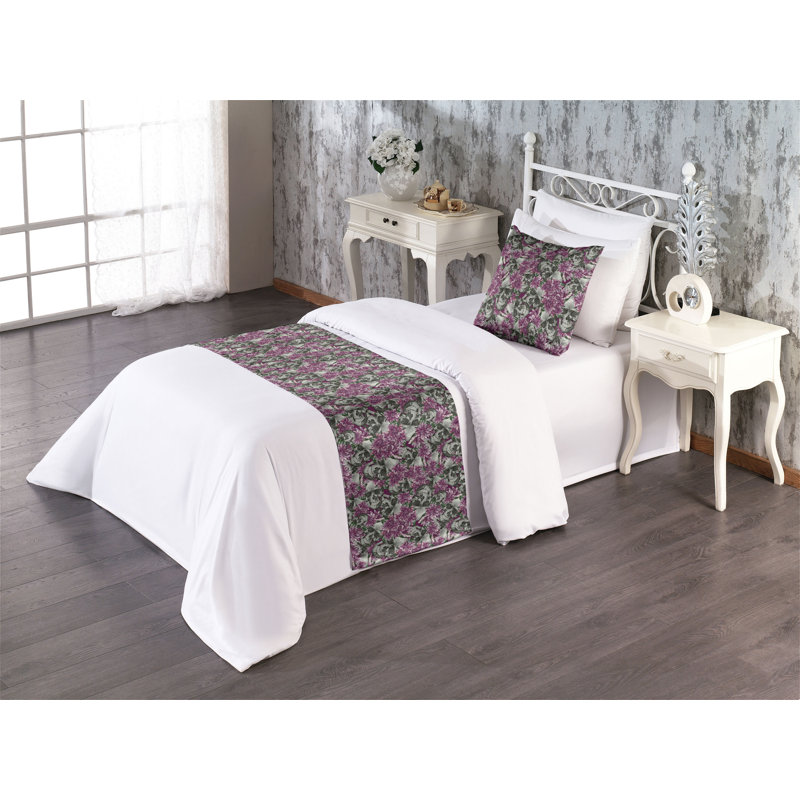 Ambesonne Skull Bed Runner Set Smiling Skeletons Flowers Art  Purple Dark Sepia and Grey, Twin