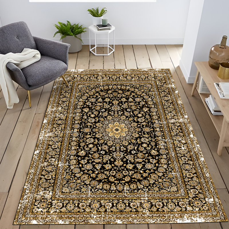 Tapis oriental jaune / noir en polypropylène tissé à la machine Ryuko, Tapis de couloir 3 pi 4 po x 8 pi 3 po