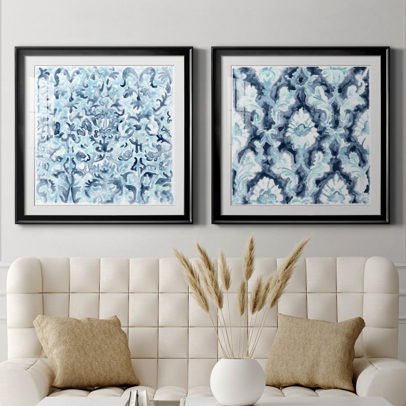 Carreau de mosaïque bleu azur III - Ensemble de cadres photo 2 pièces, Papier encadré noir, H 26,5 po x l 53 po x P 1,5 po