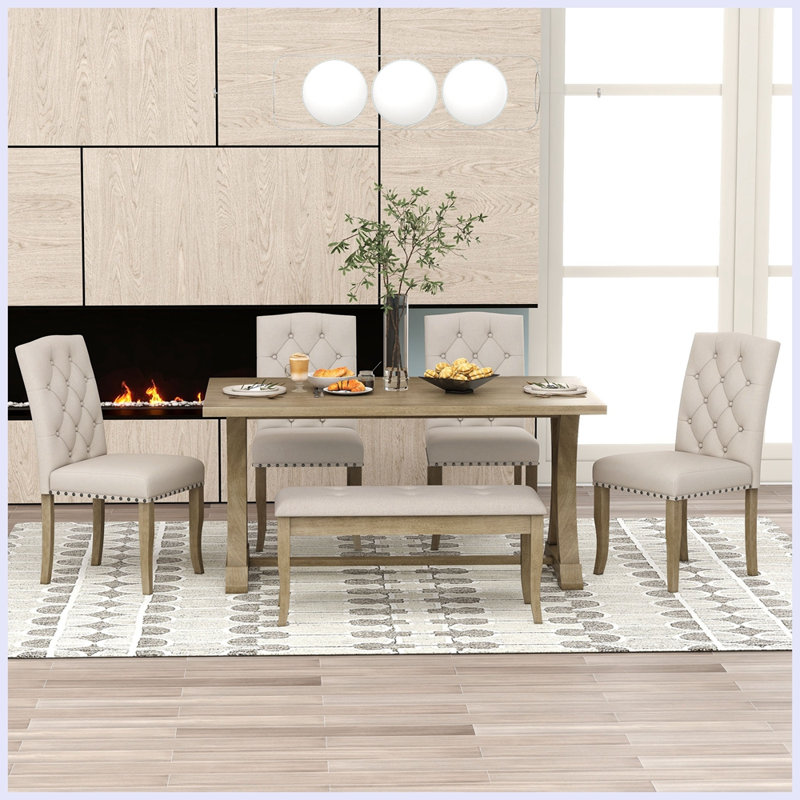 Ensemble de table de salle à manger 6 pièces avec 4 chaises rembourrées Modern, Bois naturel délavé, Bois naturel délavé