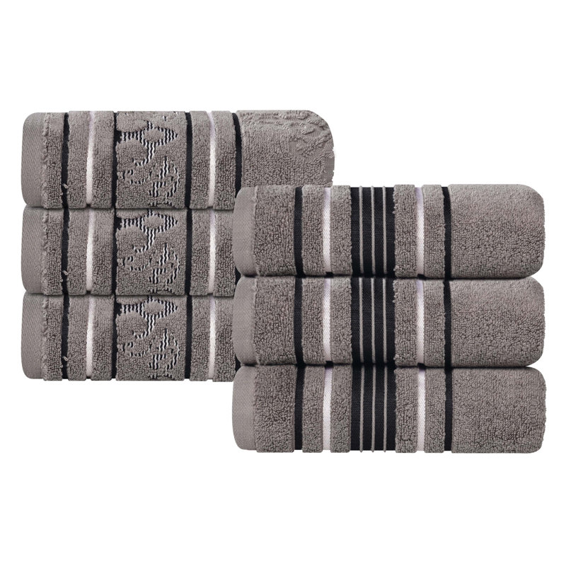 Ensemble de serviettes en coton uni et jacquard Sadie Zero Twist, Ensemble de 6 serviettes à main, À rayures, Gris anthracite