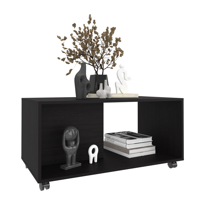 Table basse de salon de 36 po de largeur, noire rectangulaire avec matériaux et table de conception mobile