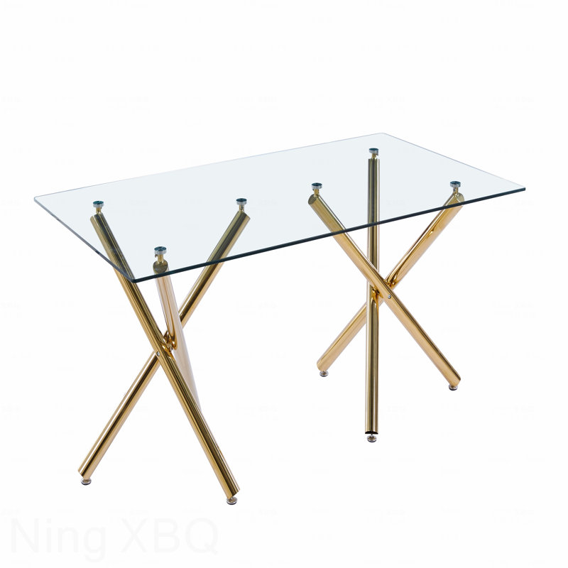 Table de salle à manger rectangulaire en verre trempé double base en acier inoxydable 6 personnes