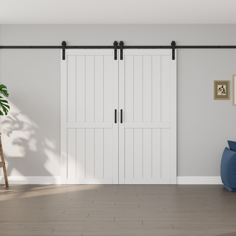Porte de grange coulissante double 84 po H, 72 po x 84 po, Blanc, Avec fermeture en douceur
