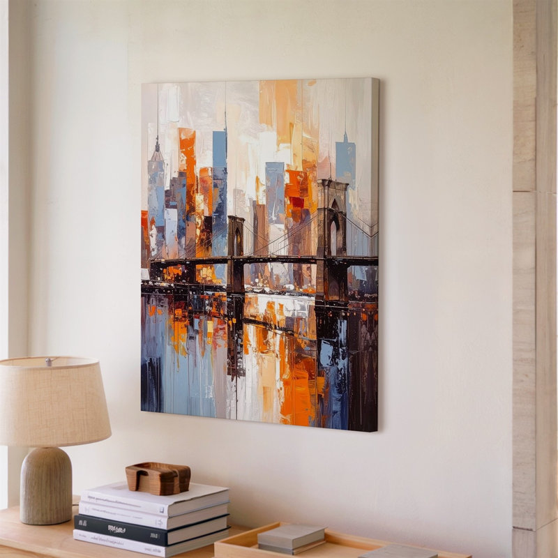 Toile, art mural, paysage urbain de rêve, pont abstrait et eau réfléchissante, prêt à accrocher, galerie, décoration intérieure, conception moderne, qualité supérieure