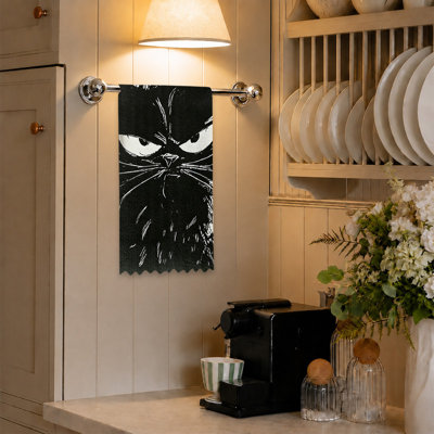  Linges de cuisine en microfibre, linges à vaisselle réutilisables absorbants, décoratifs résistants à la décoloration, 16 po x 24 po, dessin de chat noir fâché