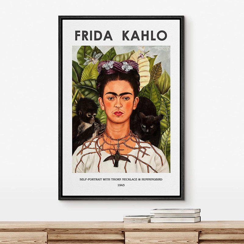 Art mural classique IDÉE4WALL, reproduction d'art sur toile, autoportrait, collier et colibri par Frida Kahlo, Noir