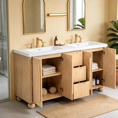 Meuble-lavabo double 59 po, meuble-lavabo en résine avec portes à fermeture douce et tiroirs de rangement 59 po