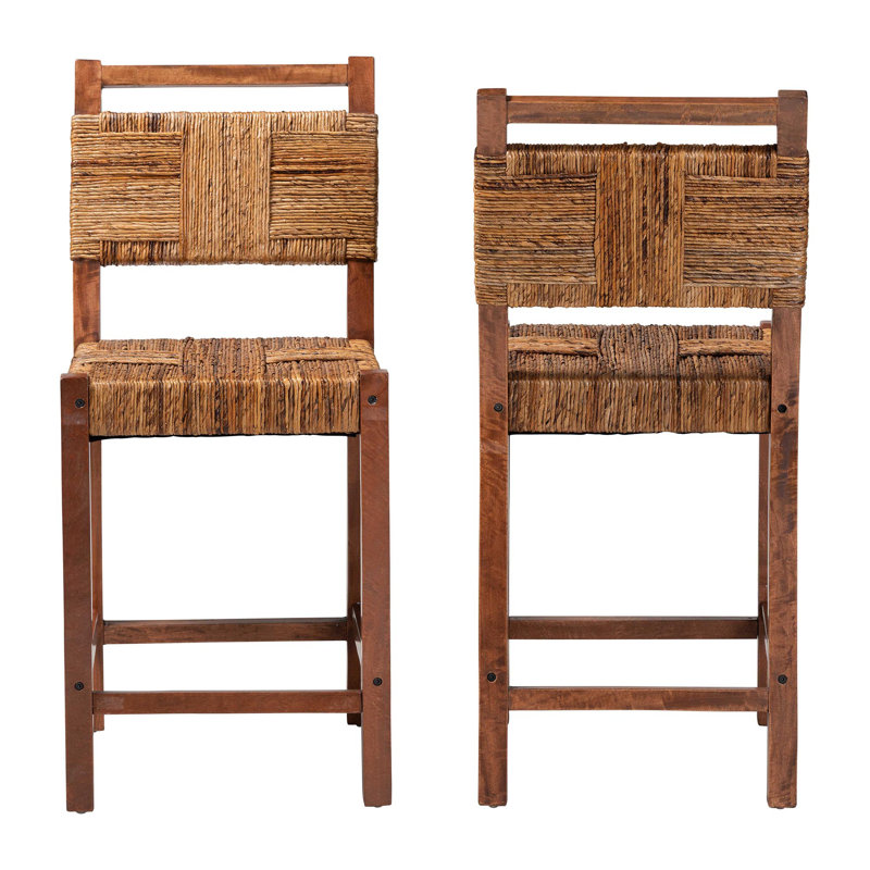 Bali & Pari Chabela Seagrass Counter Stool Set Of 2 - Solid Mango Wood Frame With Woven Seat And Backrest, Rustic Boho Style Dining Or Kitchen Island Seating, Brown