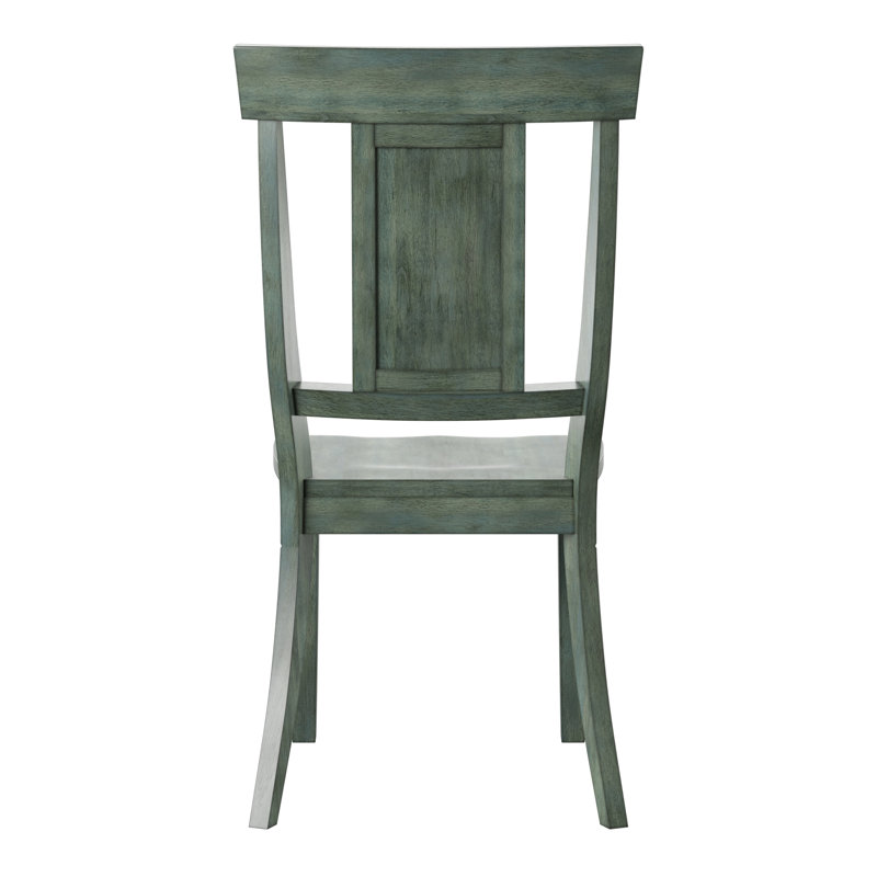 Ensemble de salle à manger Lumley 7 pièces, dessus en chêne massif, chaises à dossier à panneaux, table, chaises et banc couleur sauge antique.