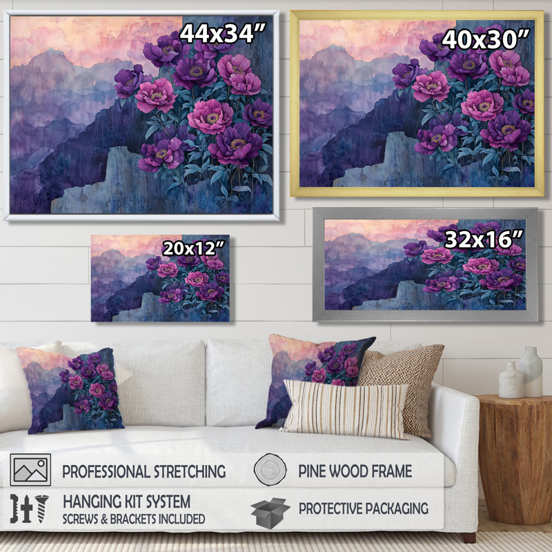 Lavande, pivoines sur le versant rocheux II - pivoines, art mural, H 16 po x l 32 po, Cadre flottant doré
