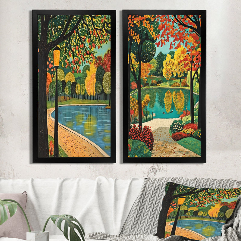 Retiro Parks Beautiful Lakes I - Madrid, ensemble de 2 décorations murales, H 40 po x l 40 po, Cadre simple noir