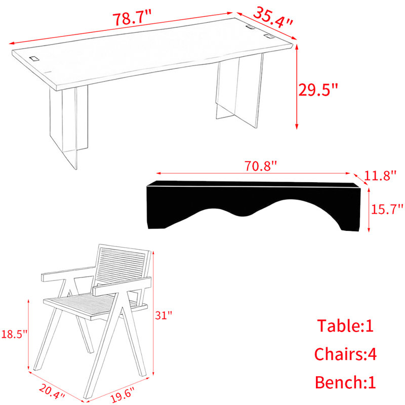 Modern black solid wood acrylic table set, 29.5"H x 78.7"L x 35.4"W
