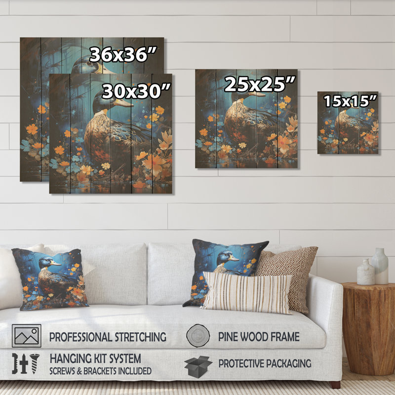 Blue Duck Midnight Ponder II - Duck Animal On Wood Print, 15" H x 15" W