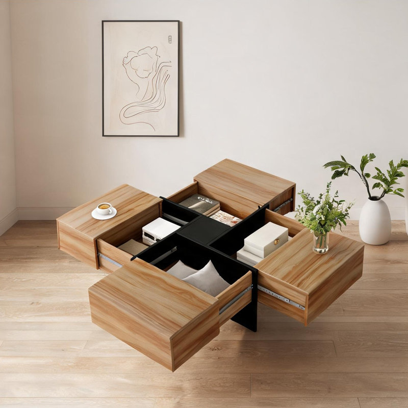 Table basse 31,5 po avec plateau extensible, finition brune, rangement dissimulé, design moderne