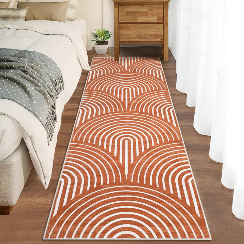 Jiayan Washable Geometric Machine Woven Polyester Area Rug in Orange, Runner 2' x 6'
