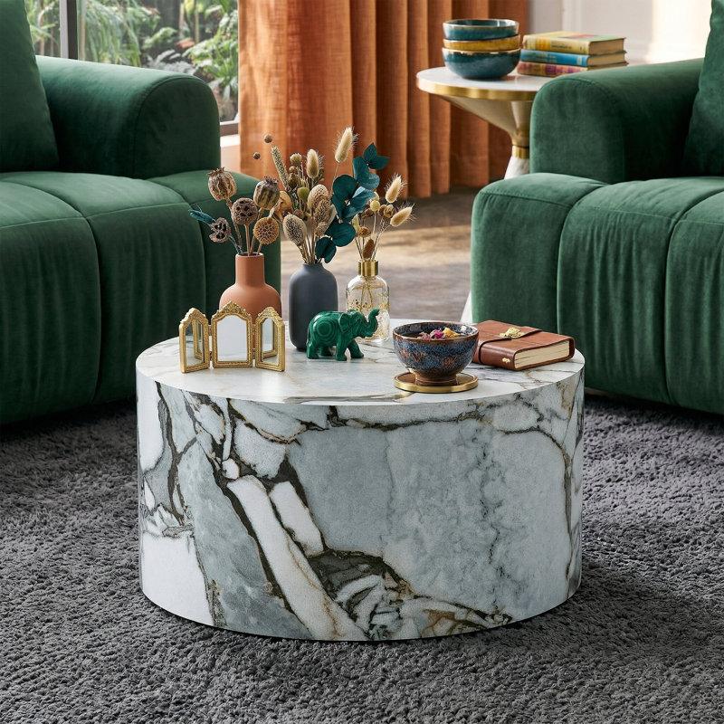 Table basse cylindrique ronde de 23,6 po avec placage en noyer - Table de salon moderne à profil bas de 11,8 po - Base antidérapante - Noyer profond