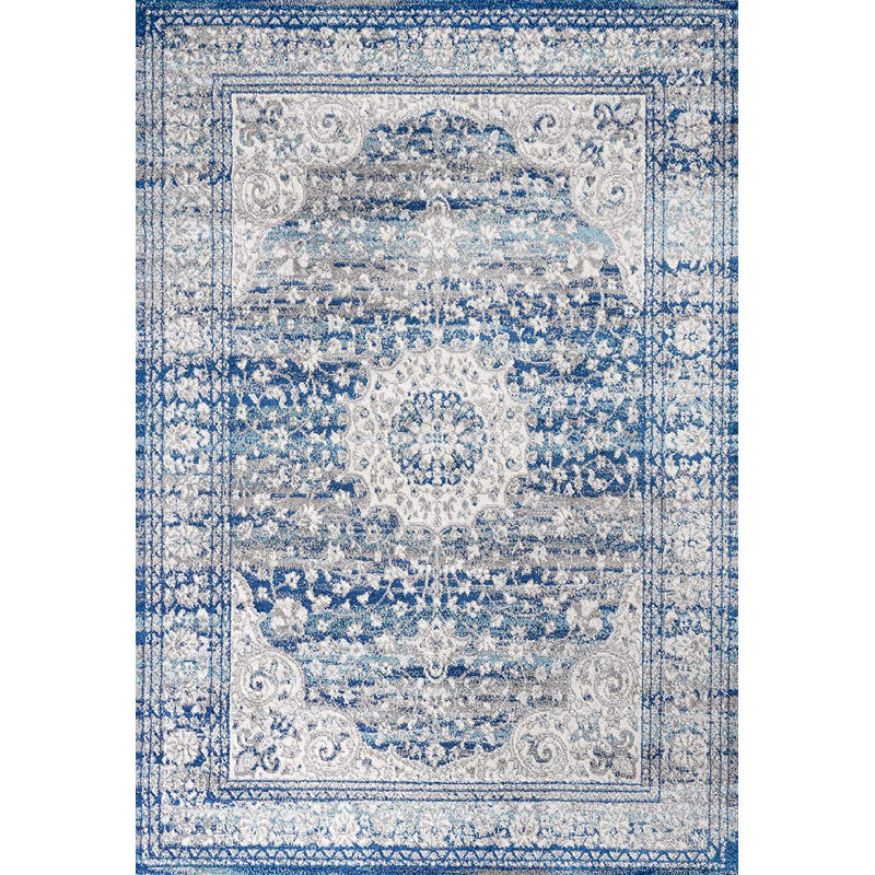 Marzo Ornate Bohemian Medallion Blue/Dark Gray Rug, Rectangle 5' x 8'