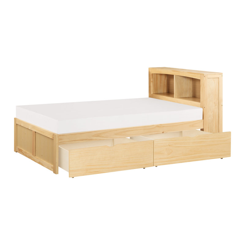 Lit simple en pin naturel avec tête de lit bibliothèque et dessous pour le rangement de décor de chambre à coucher