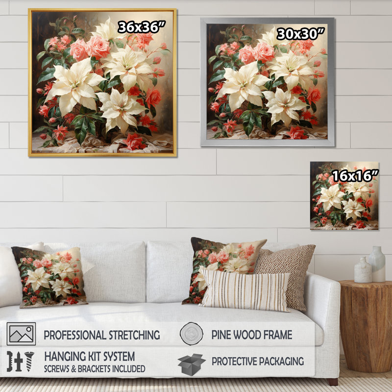 Impression romantique poinsettias, Cadre simple argenté, H 36 po x l 36 po x P 1,5 po
